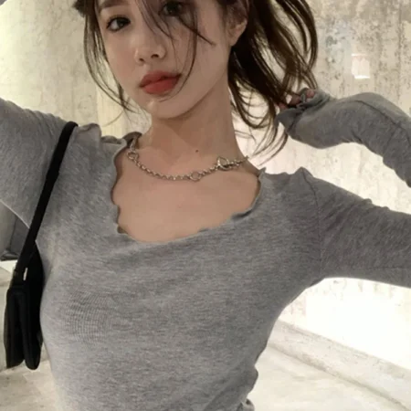 Long Sleeve T-shirts Women Fungus Line Irregular Hem Knitted Slender Autumn Bottoming Tees Chic Fashion Sexy Solid Ulzzang New