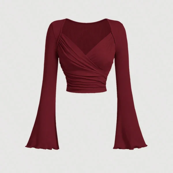 Women's casual slim solid color large V-neck short flared cuff long sleeve T-shirt - Image 2