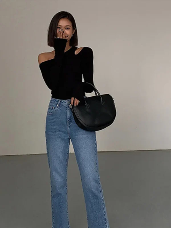 Fashion Skew Collar Off-shoulder Long-sleeved T-shirts Women Spring New Solid Slim Fit Crop Top Sexy Hollow Out Tees Shirts - Image 3