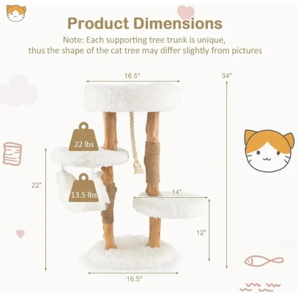 Cat Tree for Indoor Cats, Solid Wood Modern Cat Tower with Cozy Top Perch, Platforms & Hammock, Natural Branch Cute Cat Tree - Image 4
