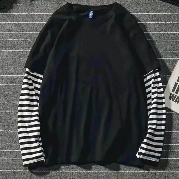 New Harajuku Black White Striped Hip Hop T-shirts Men Women Autumn Cotton Fake Two Piece Long Sleeve Loose Tshirt Female - Image 3