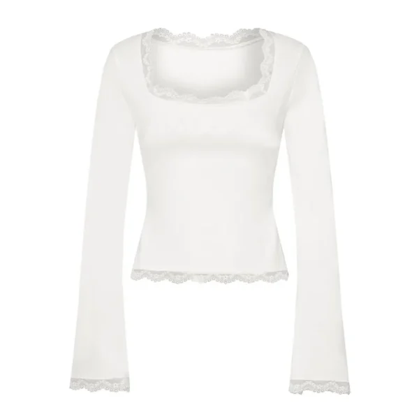 Imcute Women's Spring Lace Trim Tee Shirt Blouses Fashion Long Sleeve Square Neck Slim Trendy Party T-shirt Y2K Streetwear - Image 5