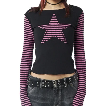 Women Star Casual Shirt Y2k Gothic Tops Long Sleeve Crew Neck Star Stripes Vintage Aesthetic Slim Tops Fashion Grunge Streetwear