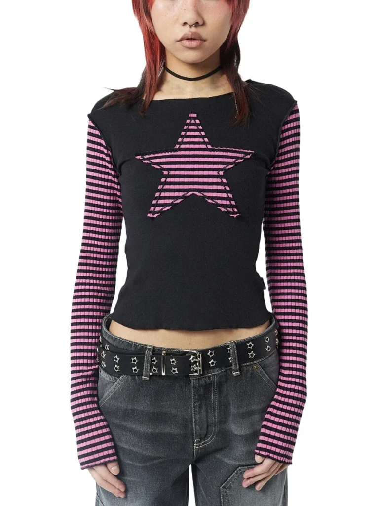 Women Star Casual Shirt Y2k Gothic Tops Long Sleeve Crew Neck Star Stripes Vintage Aesthetic Slim Tops Fashion Grunge Streetwear