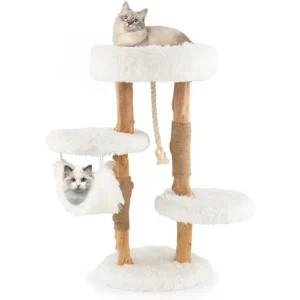 Cat Tree for Indoor Cats, Solid Wood Modern Cat Tower with Cozy Top Perch, Platforms & Hammock, Natural Branch Cute Cat Tree