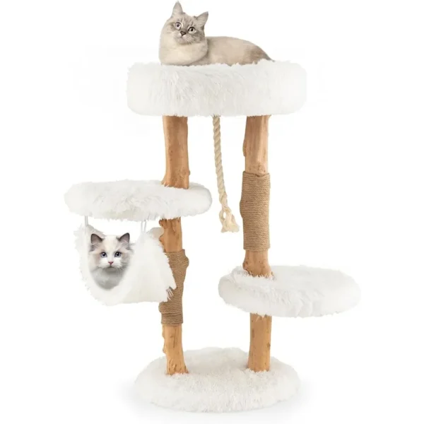 Cat Tree for Indoor Cats, Solid Wood Modern Cat Tower with Cozy Top Perch, Platforms & Hammock, Natural Branch Cute Cat Tree