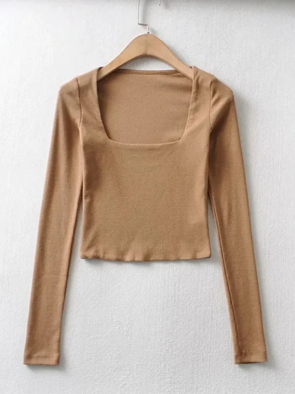 Women Ribbed Square Neck Crop Top With Long Sleeve - Image 6