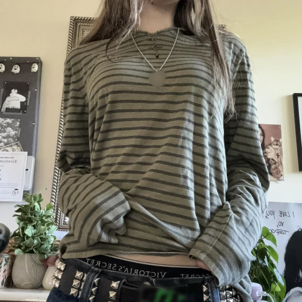 Y2k Teen Striped Long Sleeve T-Shirts Fairy Grunge Print Baggy Tops Vintage Harajuku 2000s E-Girl Shirts Vintage Streetwear