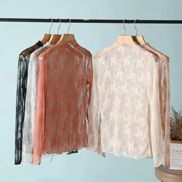 S-XL New Women Floral Lace Shirt Spring Autumn Long Sleeve Sexy Mesh Bottoming Shirts Mock Neck Blouse T-Shirt Pullover Top - Image 2