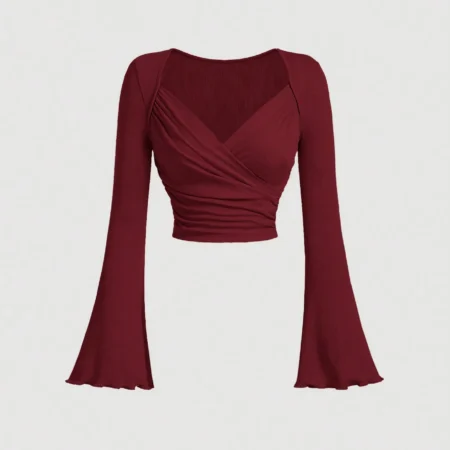 Women's casual slim solid color large V-neck short flared cuff long sleeve T-shirt