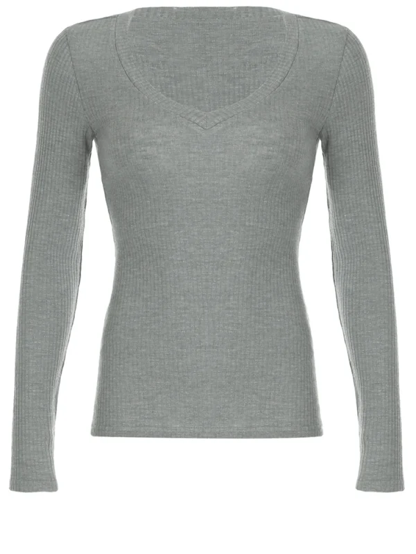 Rockmore Solid V-neck T-shirts for Women Ribbed Knit Long Sleeve Skinny Stretch Basic Tops Autumn Casual T Shirt Korean Fashion - Image 4