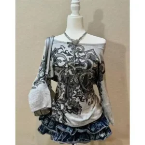 Onalippa American Retro Cross Print One Shoulder Long Sleeved T-shirt Women Autumn Slim Fit Slimming Hot Pressed Diamond Top