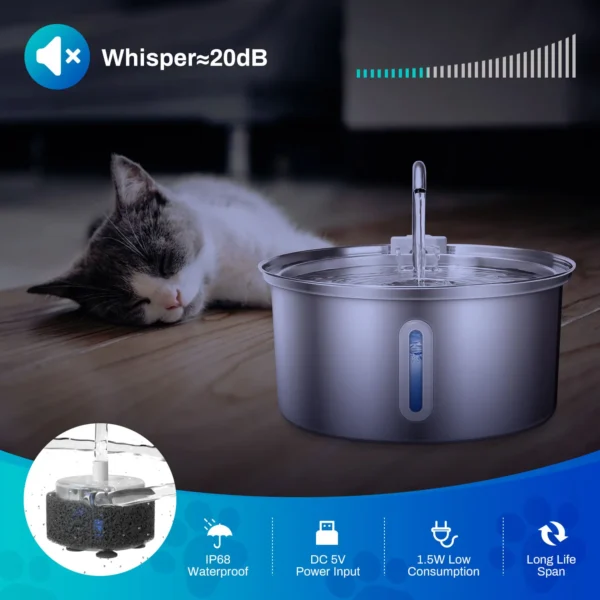 Cat Water Fountain Stainless Steel, 108oz/3.2L Pet Water Fountain With Ultra Quiet Pump, Filtration System,Water Level Window - Image 2