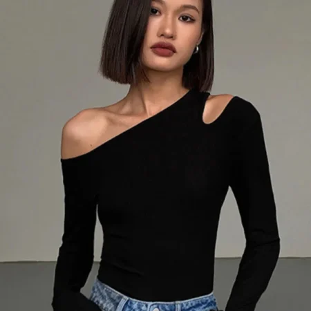 Fashion Skew Collar Off-shoulder Long-sleeved T-shirts Women Spring New Solid Slim Fit Crop Top Sexy Hollow Out Tees Shirts