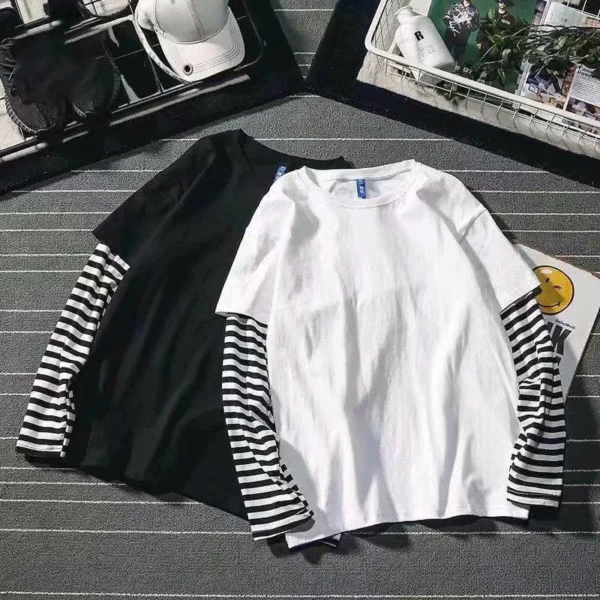 New Harajuku Black White Striped Hip Hop T-shirts Men Women Autumn Cotton Fake Two Piece Long Sleeve Loose Tshirt Female - Image 5