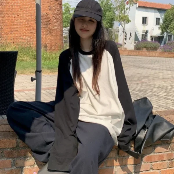 Casual Oversized T Shirt Y2k Tops Harajuku Long Sleeve O-Neck T-Shirts Spring Autumn Black White Patchwork Tees Women Streetwear - Image 3