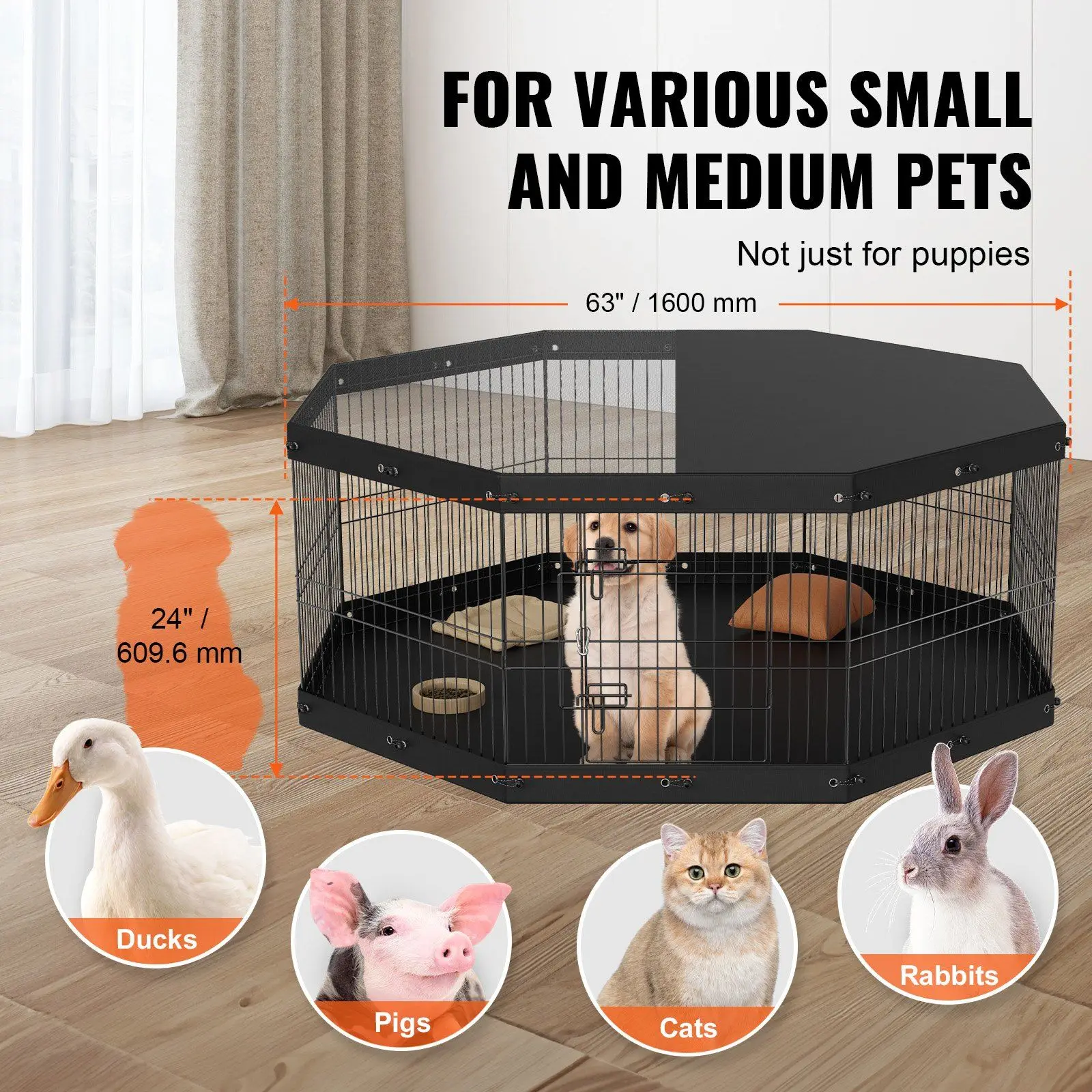Dog Playpen, 8 Panels Foldable Metal Dog Exercise Pen with Top Cover and Bottom Pad, 24" H Pet Fence Puppy Crate Kennel, I - Image 6