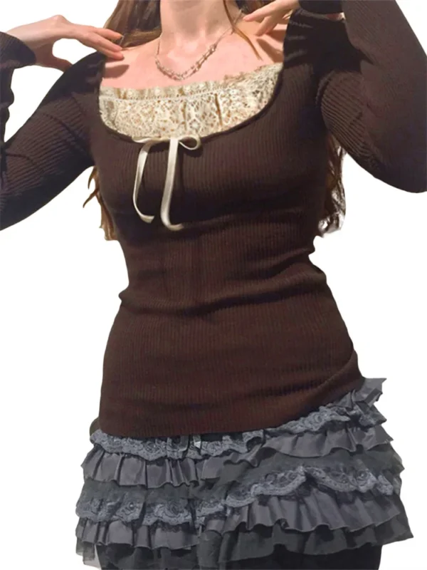 Y2k Women's Long Sleeve Knitted Tops Lace Stitching Neckline Knitwear Bowknot Decoration Slim-Fit Tshirt Pullovers Clubwear - Image 3