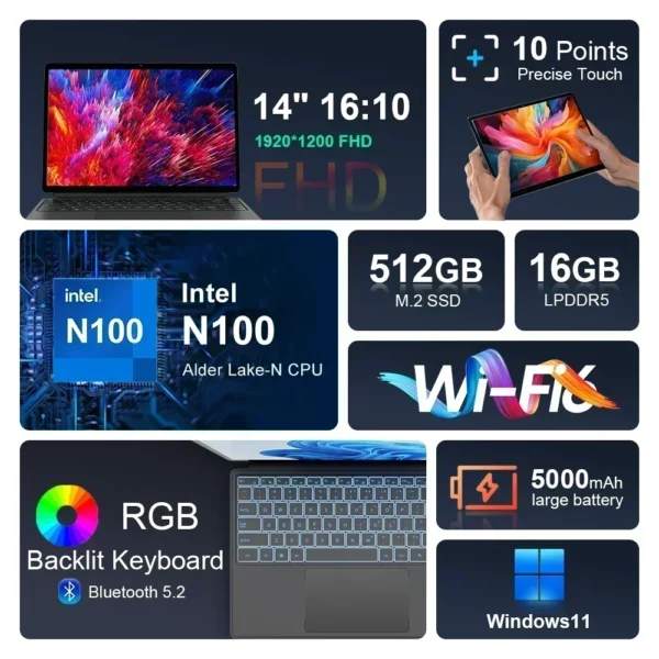 Ninkear T40 Tablet Mini Laptop 14 inch 2 in 1 Intel N100 16GB+512GB 1200P IPS Touch Screen Windows 11 Notebook Free Shipping - Image 2
