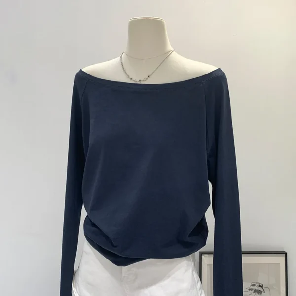 Autumn Winter One Shoulder Cotton Long Sleeve Slant Shoulder Women's Clothing Style Interior Wide Truffle Shoulder Base Shirt - Image 3