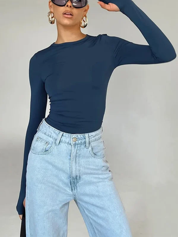 Fashion Women T-shirt Long Sleeve Crew Neck Solid Slim Fit Ladies Crop Top with Thumb Holes for Daily Streetwear Summer Camis - Image 6