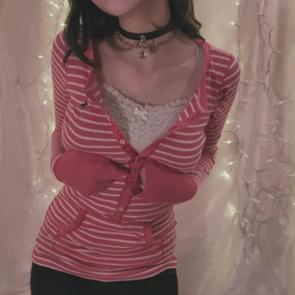 Stripe T Shirts for Women Button V Neck Long Sleeve Tops with Pocket y2k 2000s Fairy Grunge Clothes Vintage Streetwear - Image 5