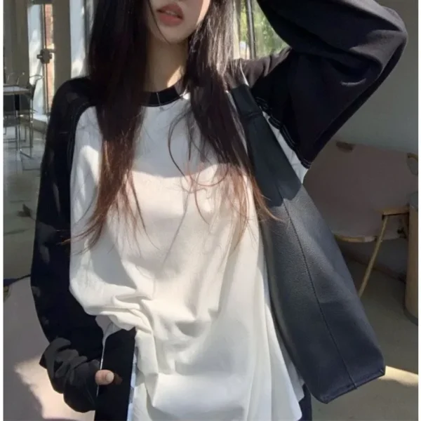 Casual Oversized T Shirt Y2k Tops Harajuku Long Sleeve O-Neck T-Shirts Spring Autumn Black White Patchwork Tees Women Streetwear - Image 6