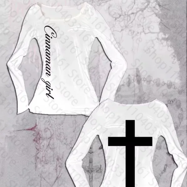 Vintage T-shirt Letter Graphic Print O Neck Long Sleeve Tee Women's Slim Fit Crop Tops Girl Emo Streetwear 2000s Summer tops emo - Image 2