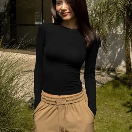 Women Casual Long Sleeve T-shirts Elastic Basic Autumn Solid Slim Pullovers Tee Shirt Female Streetwear Base Lady Top