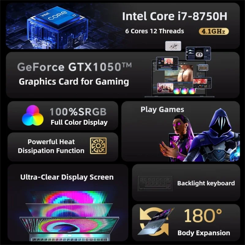 16.1" intel core i7-8750H GTX1050 gaming laptops portable notebook computer pc 32GB DDR4 1TB windows 11 Backlit Keyboard special - Image 2