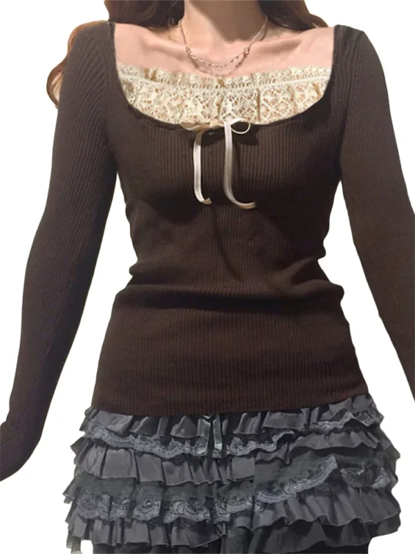 Y2k Women's Long Sleeve Knitted Tops Lace Stitching Neckline Knitwear Bowknot Decoration Slim-Fit Tshirt Pullovers Clubwear - Image 2