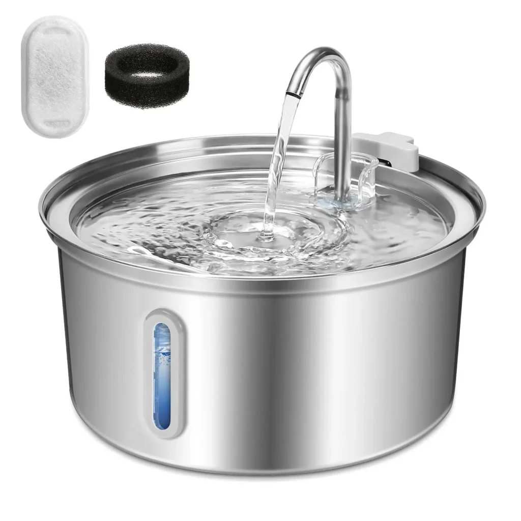 Cat Water Fountain Stainless Steel, 108oz/3.2L Pet Water Fountain With Ultra Quiet Pump, Filtration System,Water Level Window