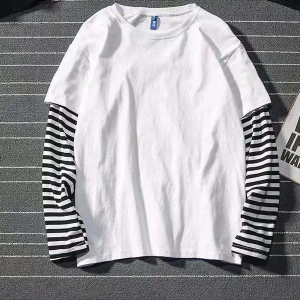 New Harajuku Black White Striped Hip Hop T-shirts Men Women Autumn Cotton Fake Two Piece Long Sleeve Loose Tshirt Female - Image 4