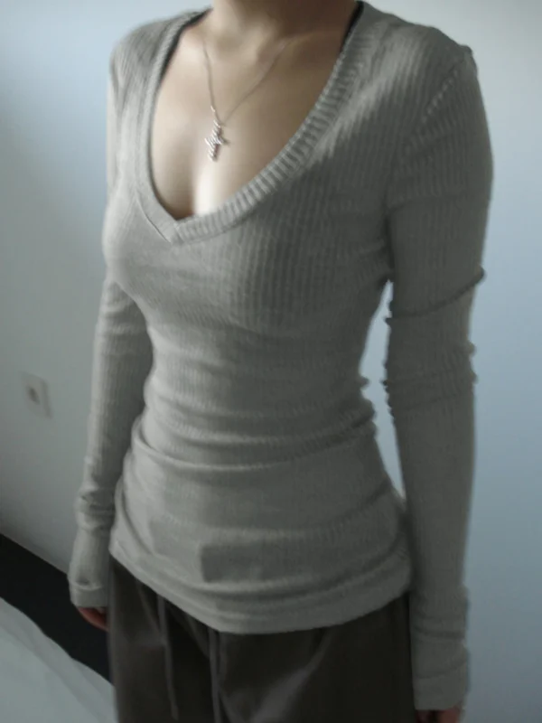 Rockmore Solid V-neck T-shirts for Women Ribbed Knit Long Sleeve Skinny Stretch Basic Tops Autumn Casual T Shirt Korean Fashion - Image 2