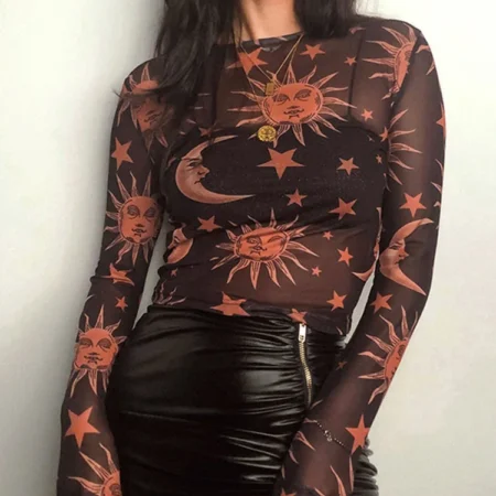 Sun Moon Printed Transparent Mesh Sexy T-Shirt Women O-Neck Long Sleeve Slim Basic Casual Female Tops 2023 Spring New
