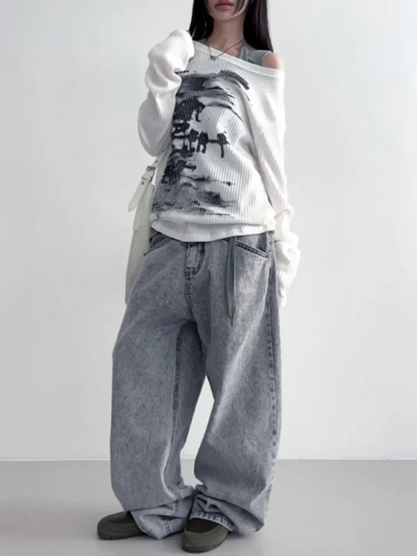 Autumn Harajuku Women Printing Tees Vintage Streetwear Grunge Skew Collar Tops Y2k Aesthetic Loose Casual Hiphop Vintage Tops - Image 5
