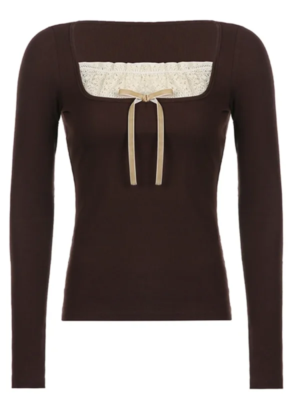 Y2k Women's Long Sleeve Knitted Tops Lace Stitching Neckline Knitwear Bowknot Decoration Slim-Fit Tshirt Pullovers Clubwear - Image 5