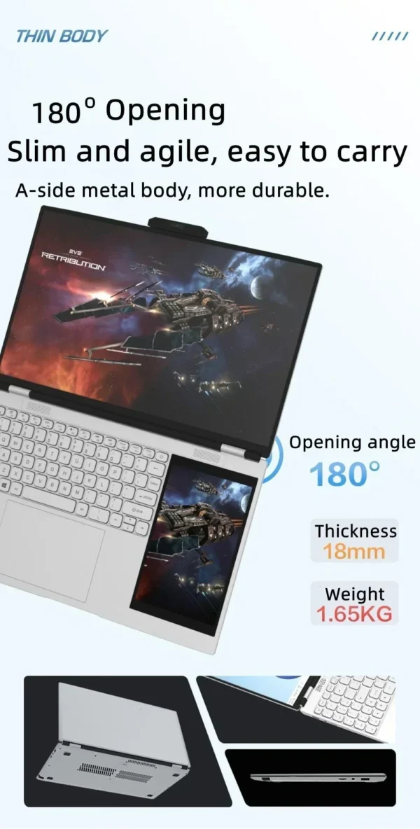 Dual Screen Laptop 15.6 Inch 2K IPS+ 7 Inch Touch Screen Intel N95 Processor Gaming Laptop DDR4 32GB 2TB SSD Notebook Computer - Image 6