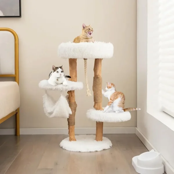 Cat Tree for Indoor Cats, Solid Wood Modern Cat Tower with Cozy Top Perch, Platforms & Hammock, Natural Branch Cute Cat Tree - Image 2