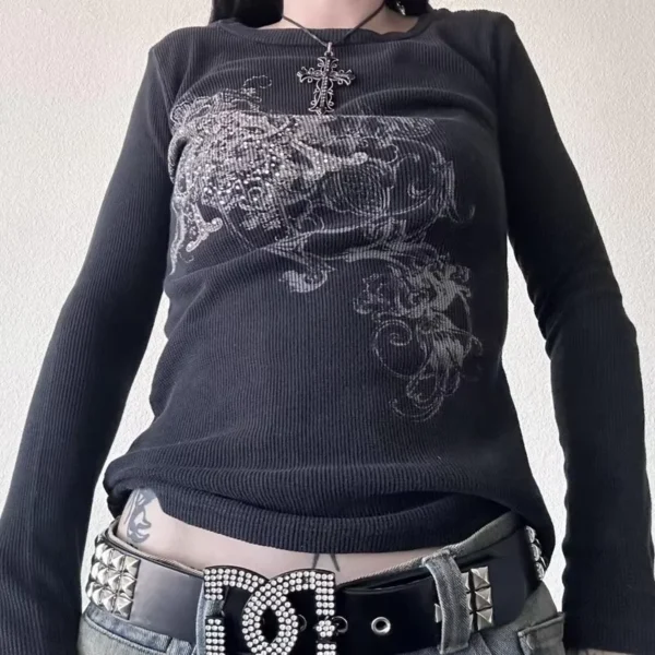 Women Y2k Fairy Grunge Shirt Vintage Graphic Print Long Sleeve Tee Shirt Tops Teen Girls Grunge Aesthetic Clothes Streetwear - Image 2