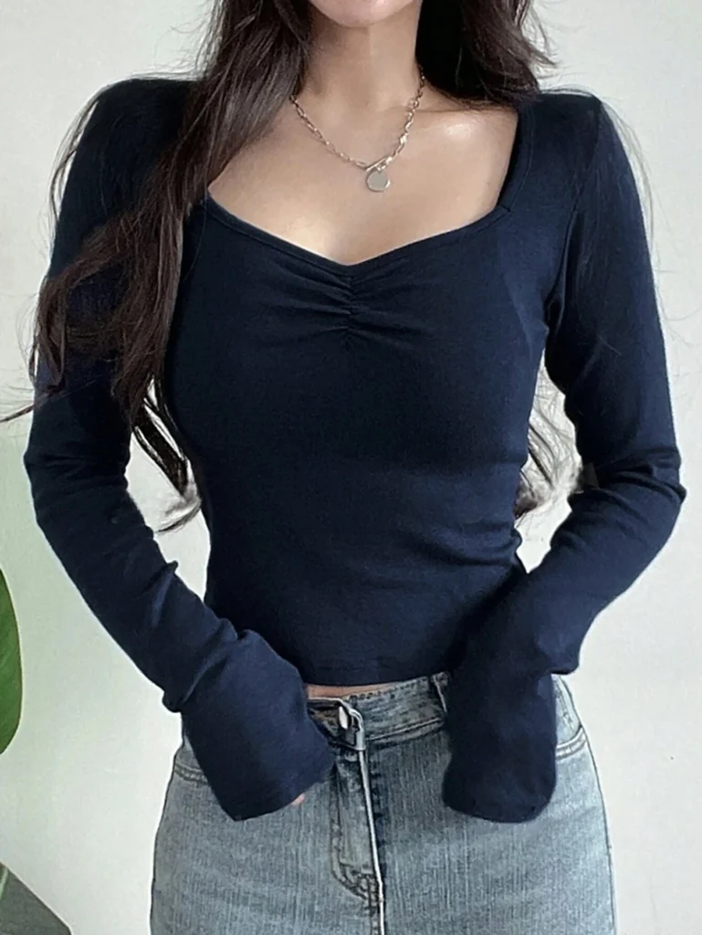 Women Long Sleeve Tops - Sexy Going Out Sweetheart V Neck Basic Shirts Tight Slim Fall Trendy Clothing