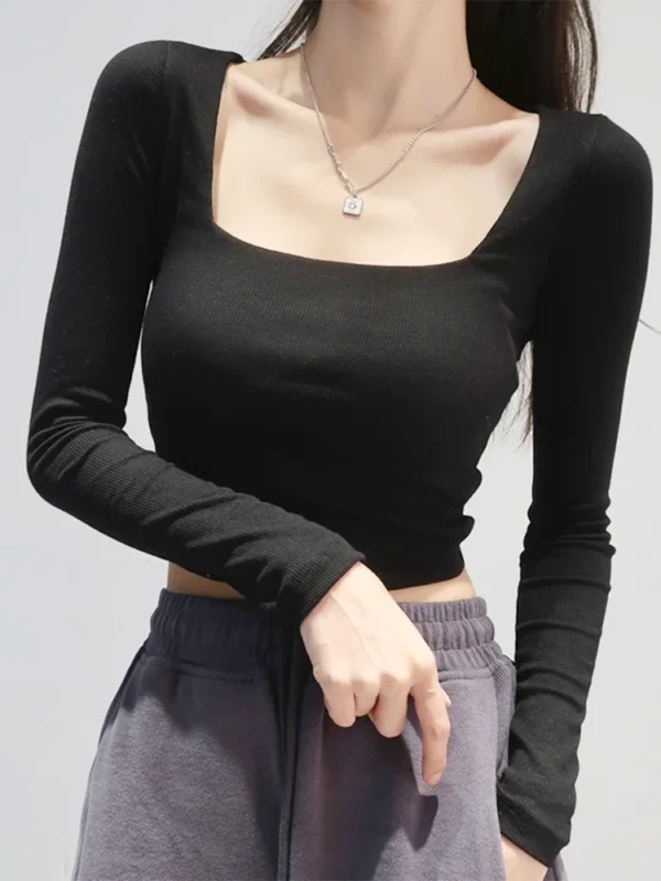 Women Ribbed Square Neck Crop Top With Long Sleeve - Image 3