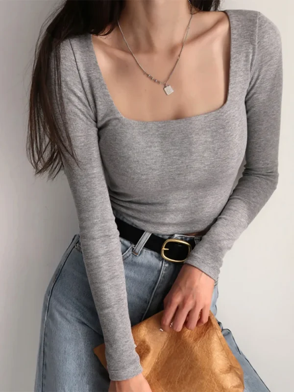 Women Ribbed Square Neck Crop Top With Long Sleeve - Image 2