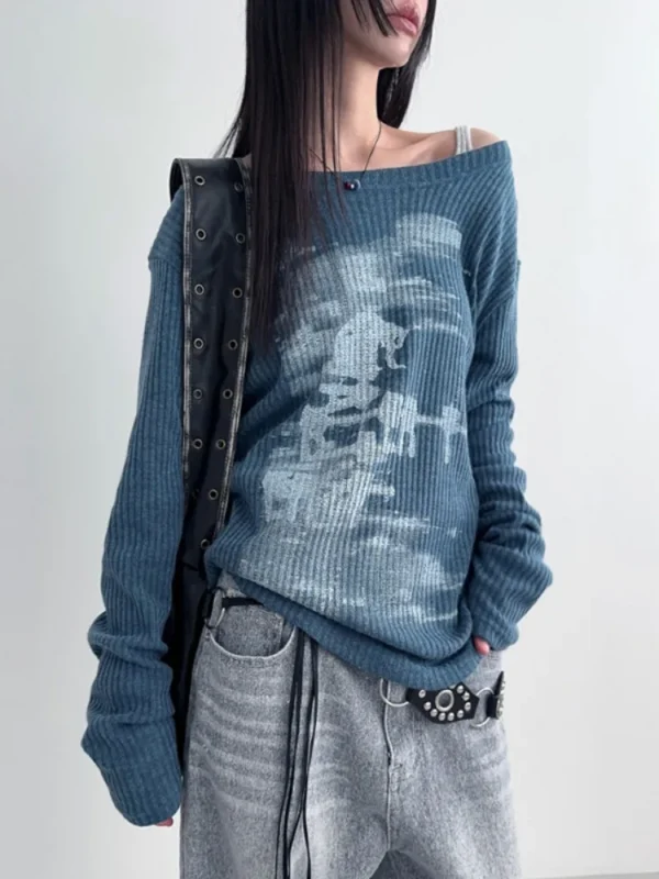 Autumn Harajuku Women Printing Tees Vintage Streetwear Grunge Skew Collar Tops Y2k Aesthetic Loose Casual Hiphop Vintage Tops - Image 4