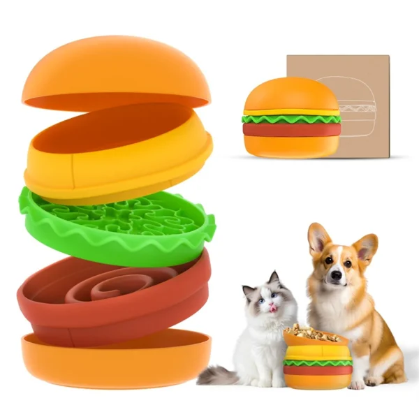 5-in-1 Burger Pet Bowls Set - Tilted Bowl, Elevated Bowl, Slow Feeder, Lick Mat, Non-slip Bowl for Dog & Cat