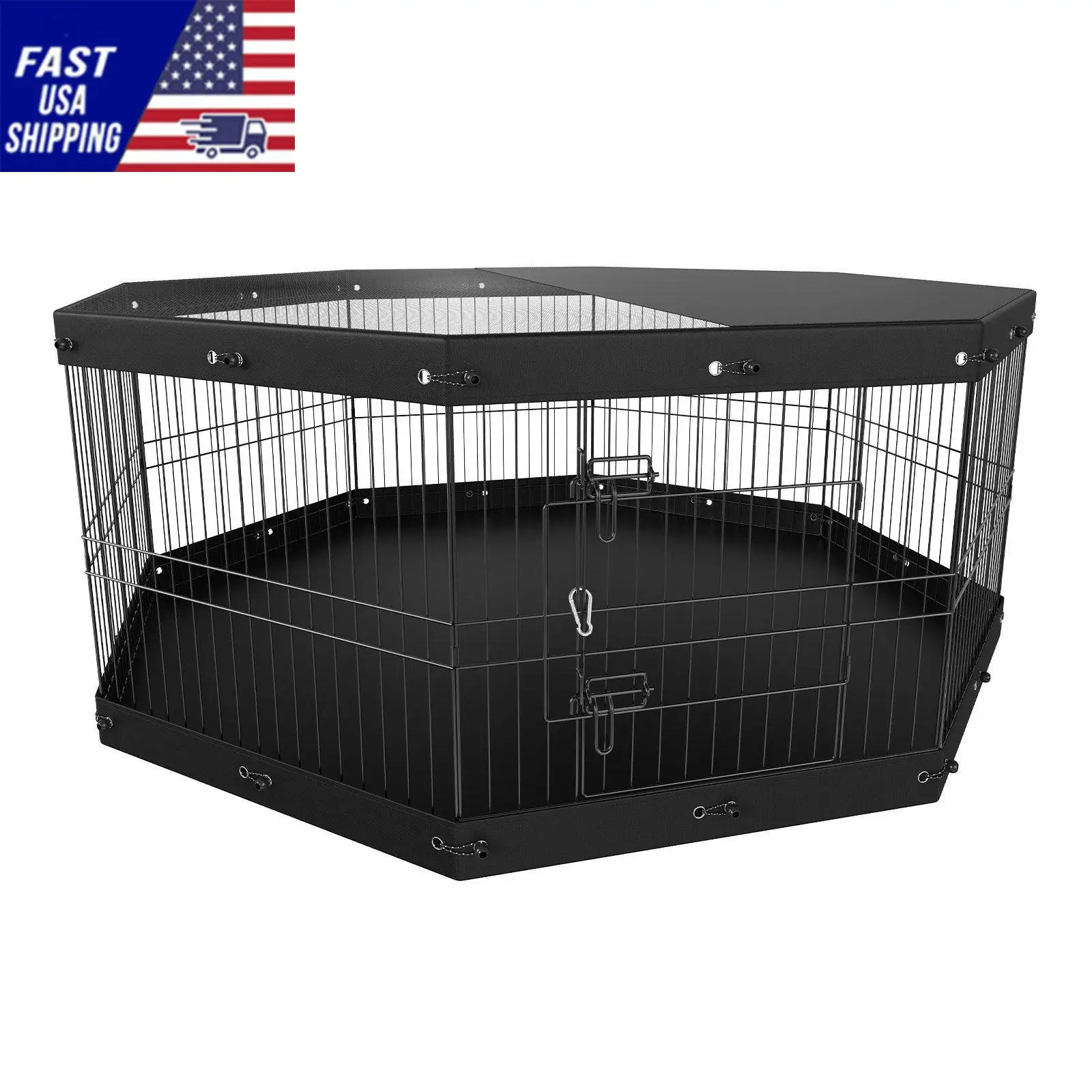 Dog Playpen, 8 Panels Foldable Metal Dog Exercise Pen with Top Cover and Bottom Pad, 24" H Pet Fence Puppy Crate Kennel, I