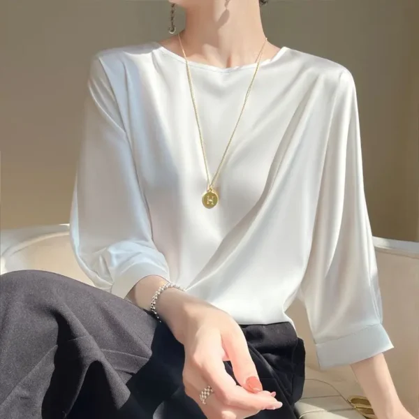 2025 New In Summer Satin Silk Half-Sleeve Tee Tops Basic Solid Women‘s T-Shirt Casual O-neck Thin Shirts Ladies Loose Blouses - Image 5