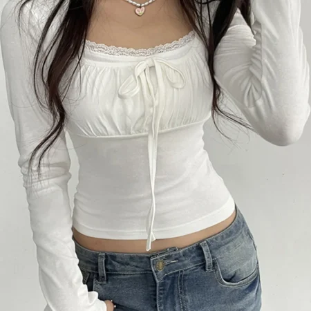 Women s Spring Autumn Fashion Tops White Long Sleeve Lace Trim Ruched Tie Up T-shirt