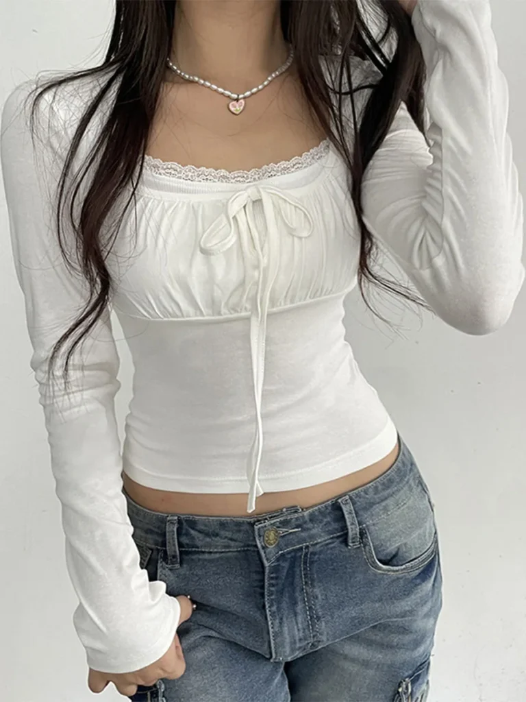 Women s Spring Autumn Fashion Tops White Long Sleeve Lace Trim Ruched Tie Up T-shirt