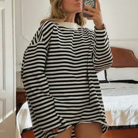 Women's Striped T-shirt 95% Cotton Oversized Black and White Casual Basic Long Sleeve Top Vintage Casual T-shirts for Women